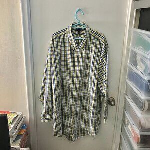 Men's Lands' End Button-Down Plaid Shirt  - White/Blue/Yellow- Size 20-36